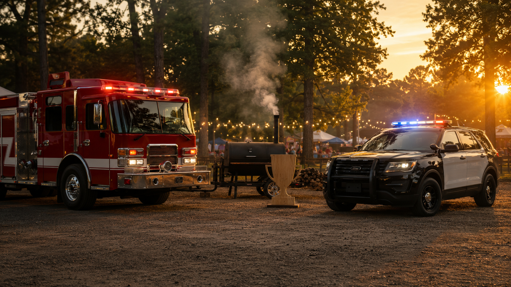 Concept view of a fire engine and police vehicle facing a barbecue smoker and trophy at an East Texas festival